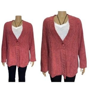 J Jill Sweater Cardigan Chenille Pink chunky loose cable knit size L